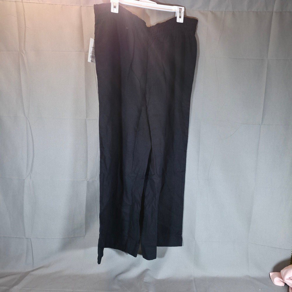 A New Day Womens Black Linen Blend Wide Leg Smocked Waist Pants L Short NWT